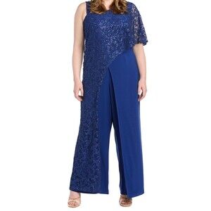 R&M‎ Richards 14P Navy Lace Sequin Jumpsuit One Shoulder Formal Petite Evening
